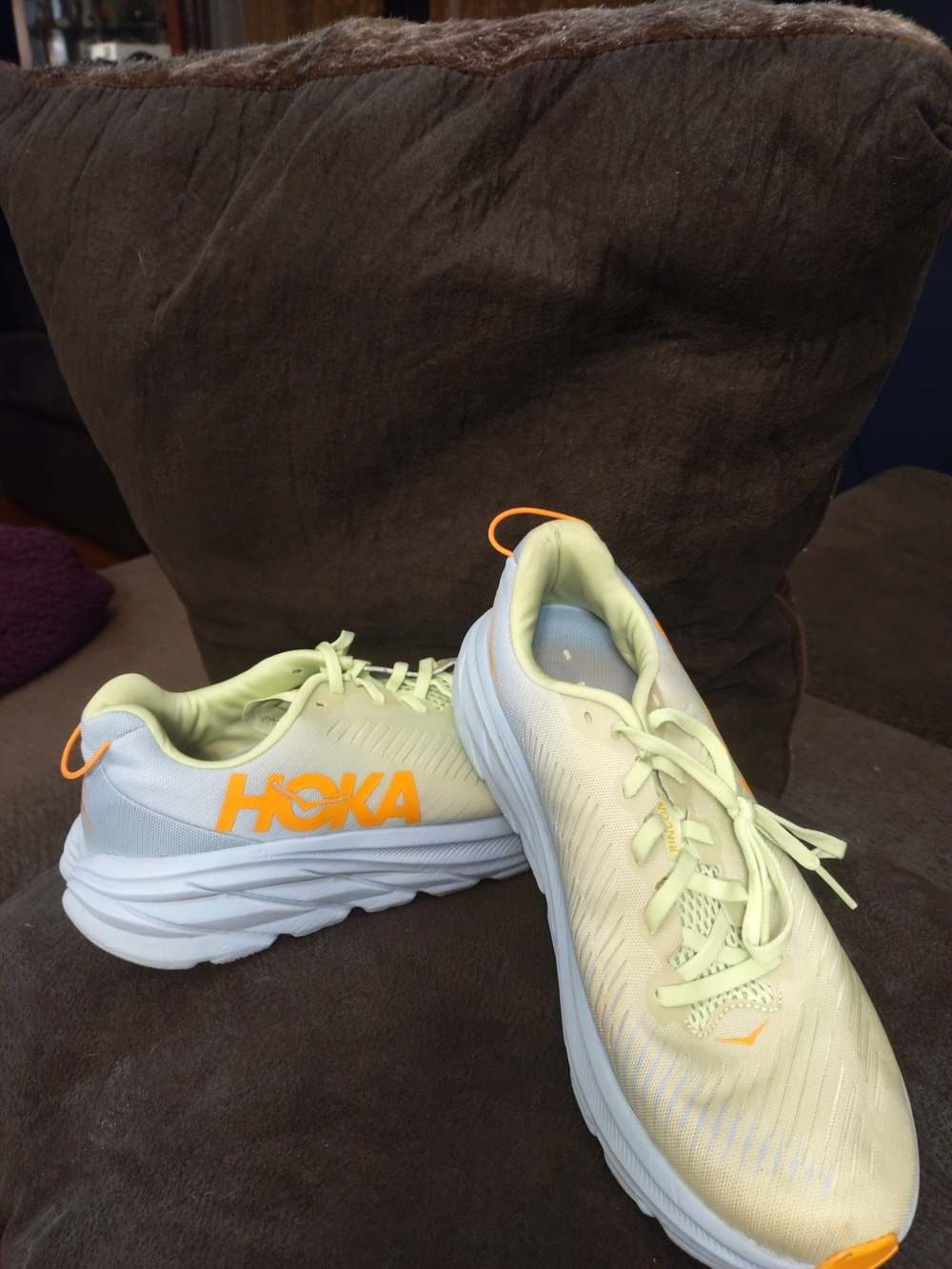Hoka Lightweight Running Shoes in Pale Yellow with Orange Logo